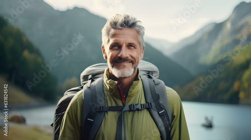 Happy older man standing in nature park enjoying natural park landscape. Smiling mature active traveler exploring camping tourism nature lake and mountains travel journey feeling freedom. generative A