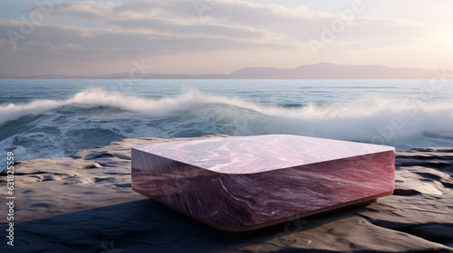 red squared marble surface on rock with a view of the sea