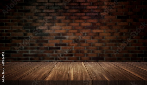 empty wood table with vintage brick wall background for product placement. brown wooden table at foreground in dark interior room. rustic wooden table with light at the middle.