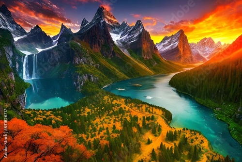 waterfall in the mountains.Breathtaking sunset over majestic mountains, a stunning showcase of nature's beauty