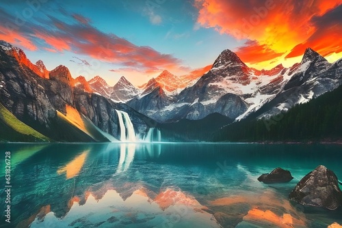 waterfall in the mountains.Breathtaking sunset over majestic mountains, a stunning showcase of nature's beauty