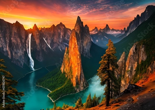 waterfall in the mountains.Breathtaking sunset over majestic mountains, a stunning showcase of nature's beauty
