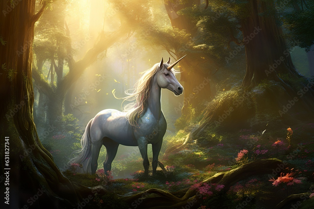 Naklejka premium In a mysterious forest, there is a shining unicorn with a shining gem on its horn fantasy photo
