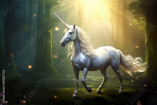 In a mysterious forest  there is a shining unicorn with a shining gem on its horn fantasy photo