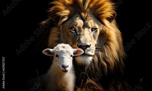 Leinwand Poster The Lion and the Lamb: Majestic Wildlife Together on Black Background