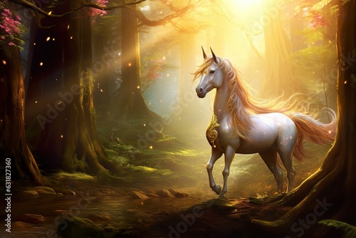 In a mysterious forest  there is a shining unicorn with a shining gem on its horn fantasy photo