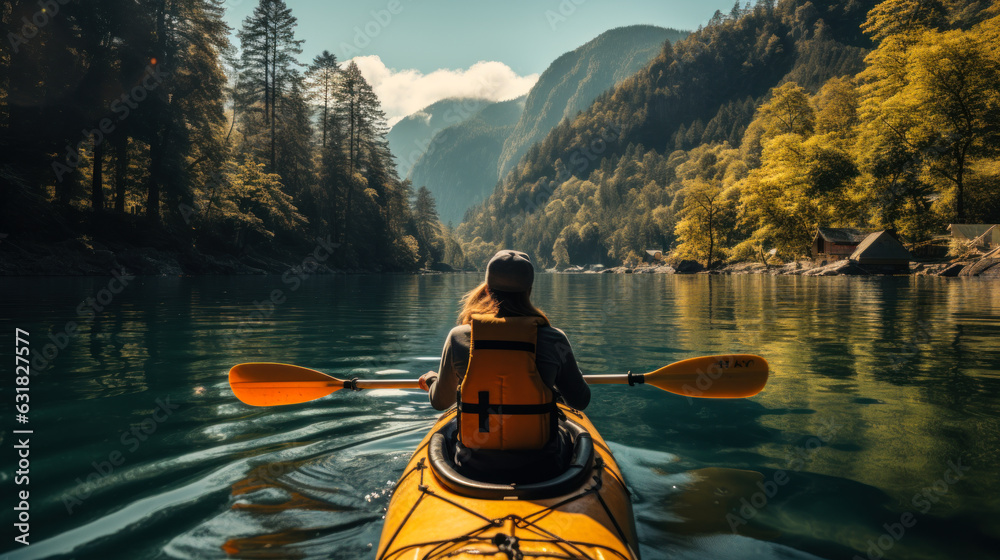 A person enjoying an eco-friendly activity, such as kayaking or hiking, with a focus on the importance of preserving natural habitats