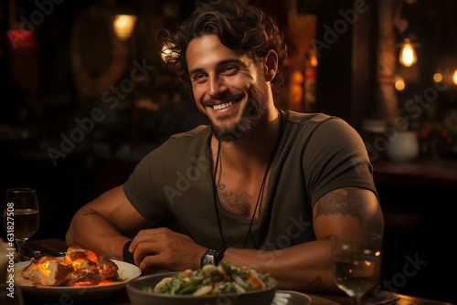 A young man enjoying a food at a restaurant. ai