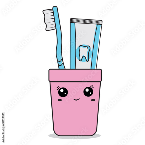 Toothbrush and paste in a glass of kawaii, color vector illustration for children, cartoon style