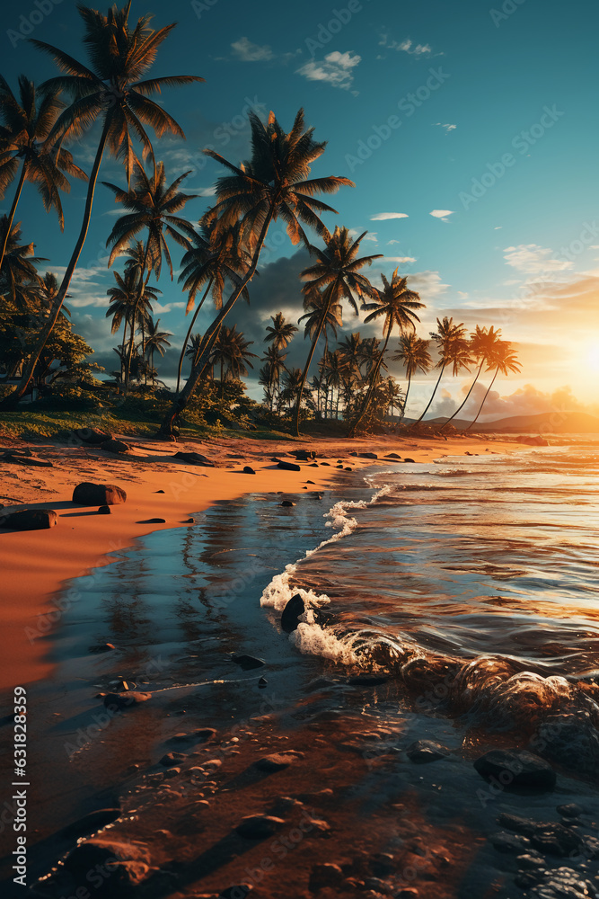 a paradisiacal beach, with the sun centered at the highest point in the sky, and some palm trees. AI generative