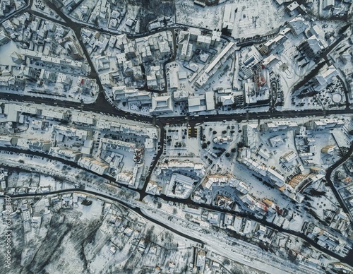 Aerial top view of streets and buildings covered with snow in winter