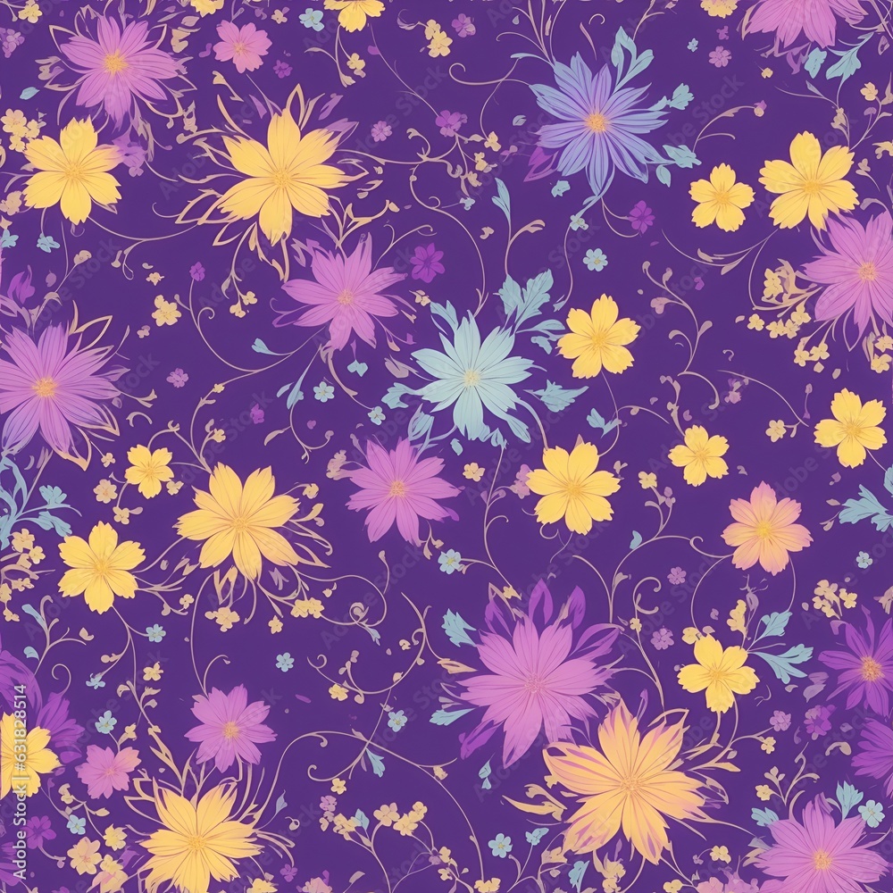 Purple background card with flowers. Flower texture. Illustration for prints or digital template. Generative AI