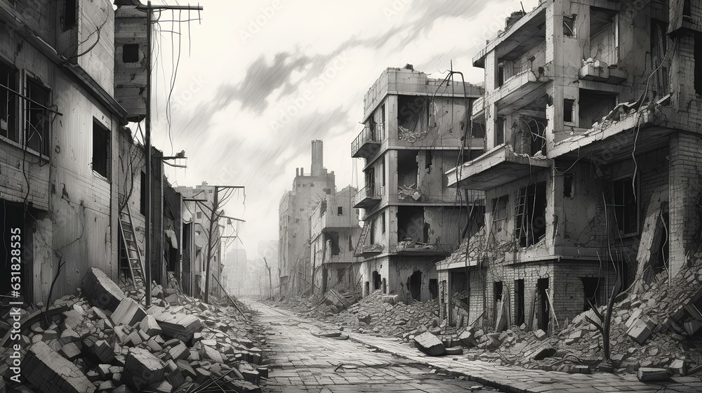 An abandoned city center with derelict buildings and broken roads, hyper quality pencil drawing. generative AI
