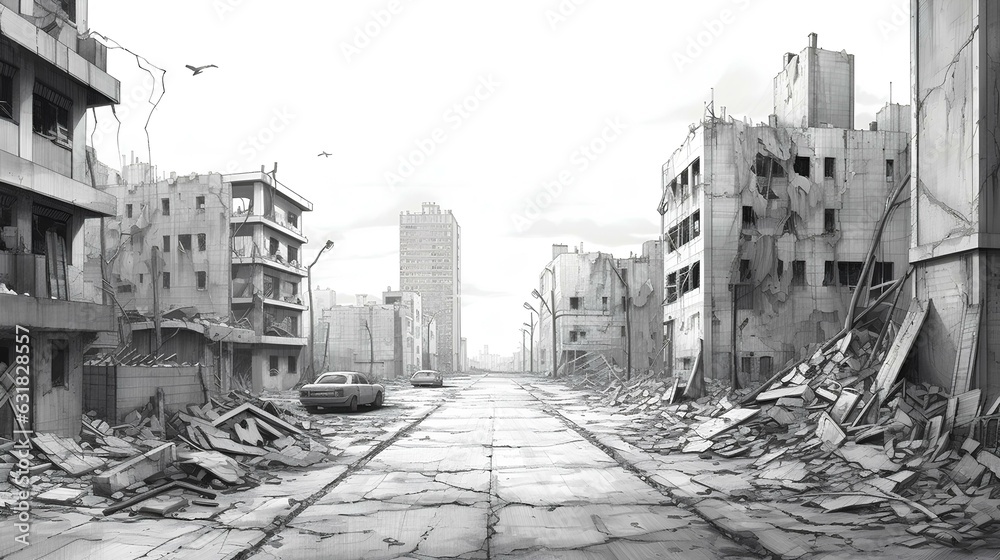 Fototapeta premium An abandoned city center with derelict buildings and broken roads, hyper quality pencil drawing. generative AI