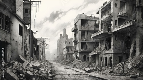 Billede på lærred An abandoned city center with derelict buildings and broken roads, hyper quality pencil drawing
