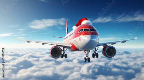 Generative AI, red and white plane in a santa claus hat flies through the sky, christmas travel, new year vacation abroad, air transport
