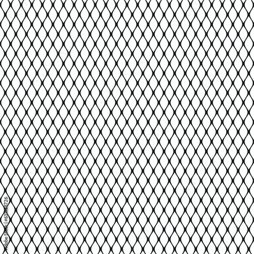 Metallic black mesh on a white background. Crossed diagonal lines. Wavy wires structure. Geometric texture. Seamless repeating pattern. Vector illustration.