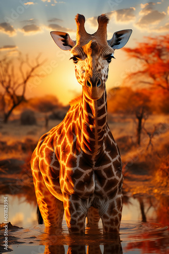 A giraffe forages on the savanna in Africa. AI generative