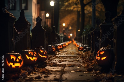 dimly lit street lined with Jack-O-Lanterns. The pumpkins' eerie glows create interesting shadows and highlight