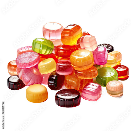 Colorful hard candies with filling, isolated on transparent.