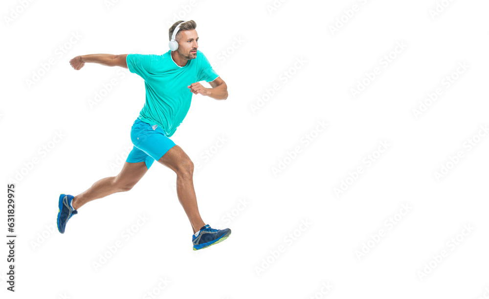 Man sportsman running for exercise in studio with copy space banner. sportsman jogger running. The sportsman running at full speed towards the finish line. sportsman runner running isolated on white