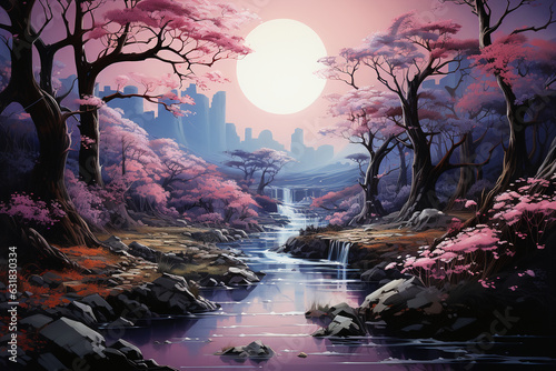 A river at twilight, lavender water, whimsical, mystical, mysterious. AI generative
