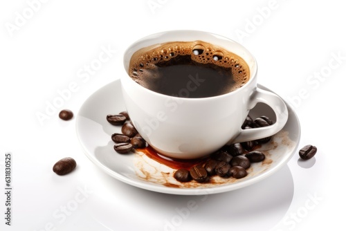 Cup of coffee with coffee beans on saucer on white background