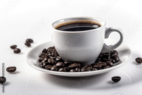 Cup of coffee with coffee beans isolated on white background 