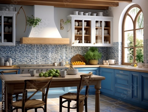 Modern artisanal kitchen with blue tiles and traditional Catalan architecture generative ai