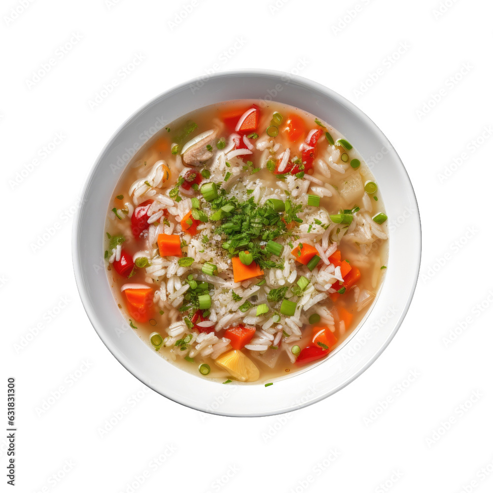 Vegetable soup with rice in a white bowl on transparent backround. Vegetable soup with rice in a white bowl on transparent backround.