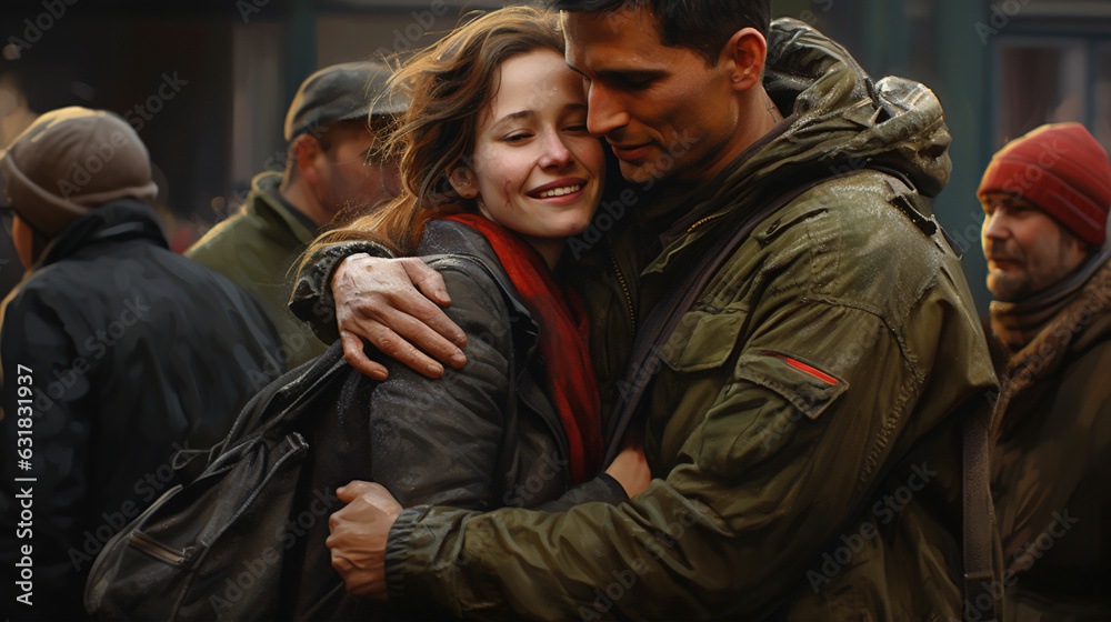 Fototapeta premium heartwarming moment when an American soldier returns home and is welcomed by their family at the airport. Tears of joy flow freely as they share a long and heartfelt embrace
