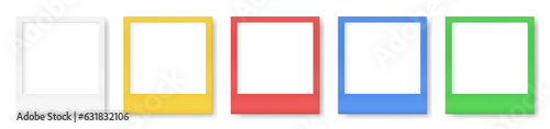 Set of multicolored instant photo frames. Empty frame mockup. White, yellow, red, blue and green vintage card. Template on a transparent background