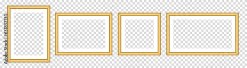 Set of gold photo frames. White passe-partout. Square and rectangular pictures. Poster or painting mockup on a transparent background