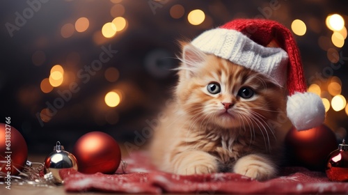 Little cute kitten in red santa hat and christmas background