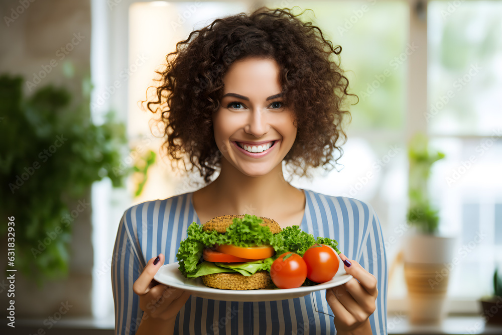 Positive smiling woman holding plate of hamburger and green vegetables. Healthy eating concept