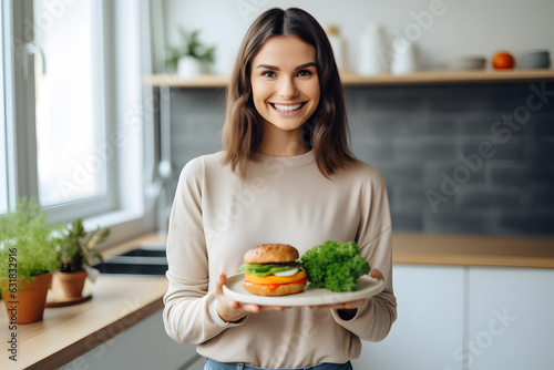Positive smiling woman holding plate of hamburger and green vegetables. Healthy eating concept