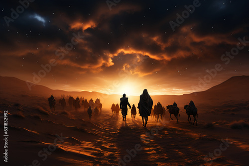 Camel procession in desert wonder, walking on rolling sand dunes, star trail photography. AI generative