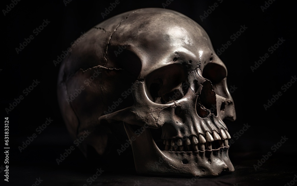 Human skull on dark background. AI, Generative AI