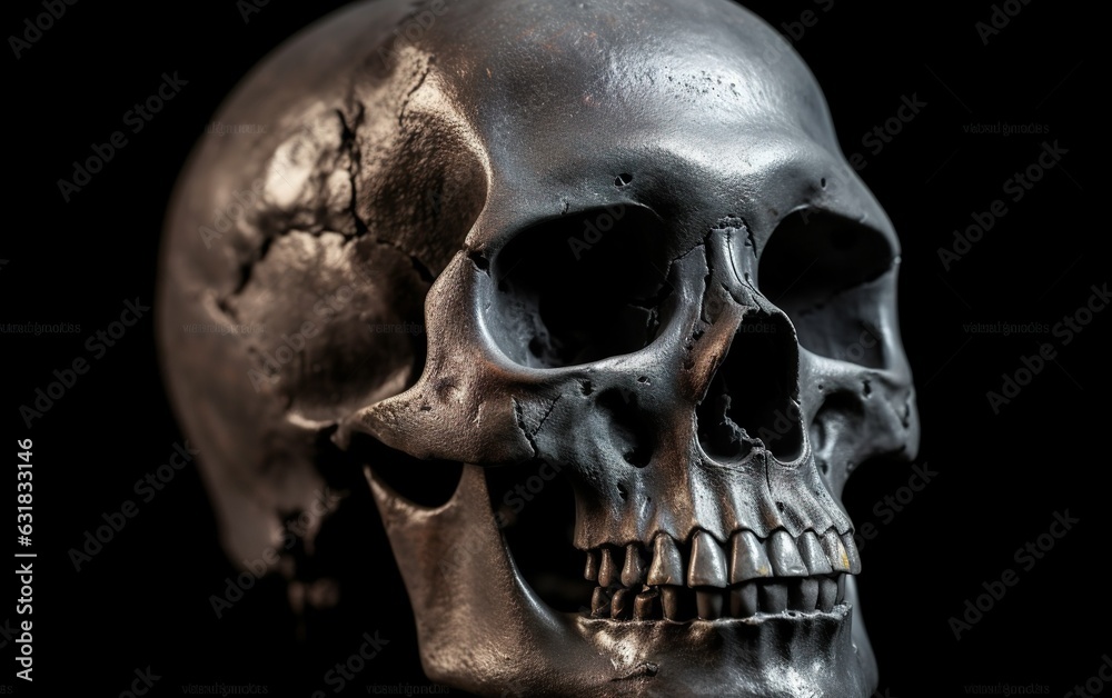 Human skull on dark background. AI, Generative AI Human skull on dark background. AI, Generative AI