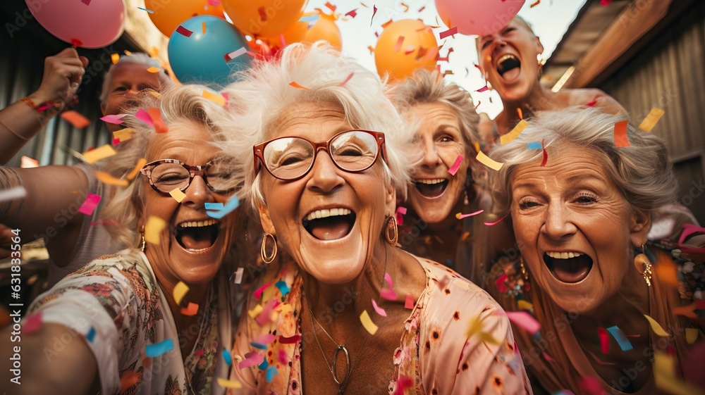 Senior friends celebrating at a party, generative ai