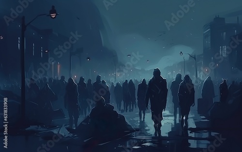 Zombie crowd walking at night halloween concept illustration. AI, Generative AI