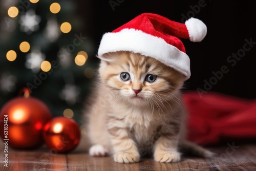 Little cute kitten in red santa hat and christmas background