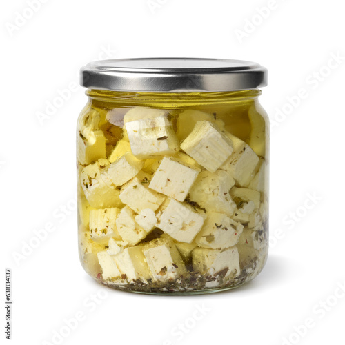 Glass jar with white cheese cubes in oil and herbs close up isolated on white background