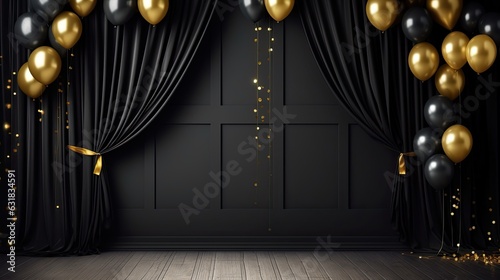 Empty black window curtains with birthday decoration with love balloon background. For product display.