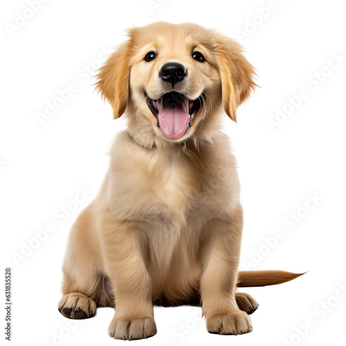 3 month old Golden retriever puppy, sitting, facing front, looking at the camera with dark brown eyes. Isolated on a transparent backround, mouth open, tongue out.