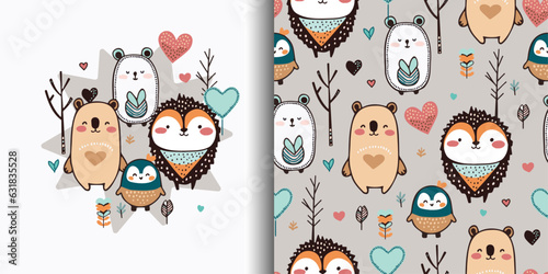 Set - seamless pattern and illustration. Cute painted cartoon animals on a beige and gray background. Postcard, poster, icon, drawing, pattern for textiles, drawing for different types of printing.Web