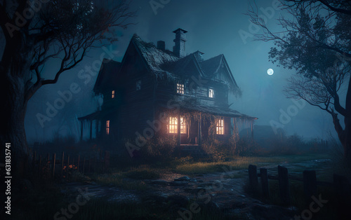 Horror halloween haunted house in creepy night fores. AI, Generative AI