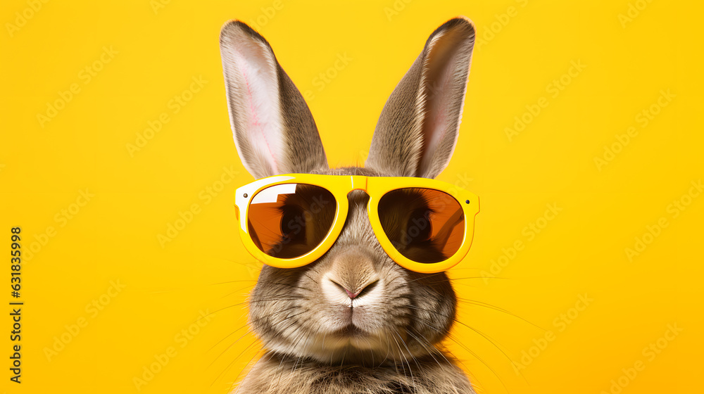 Rabbit wearing sunglasses isolated on yellow background