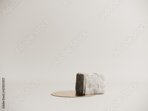 Podium, showcase made of stone and cement with green hydrangea flowers - 3d render. Minimal, aesthetic, light natural background. Brutalist style stand for advertising and presentations of products.