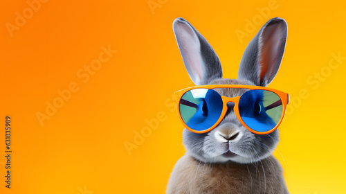 Rabbit wearing sunglasses isolated on yellow background © Oksana